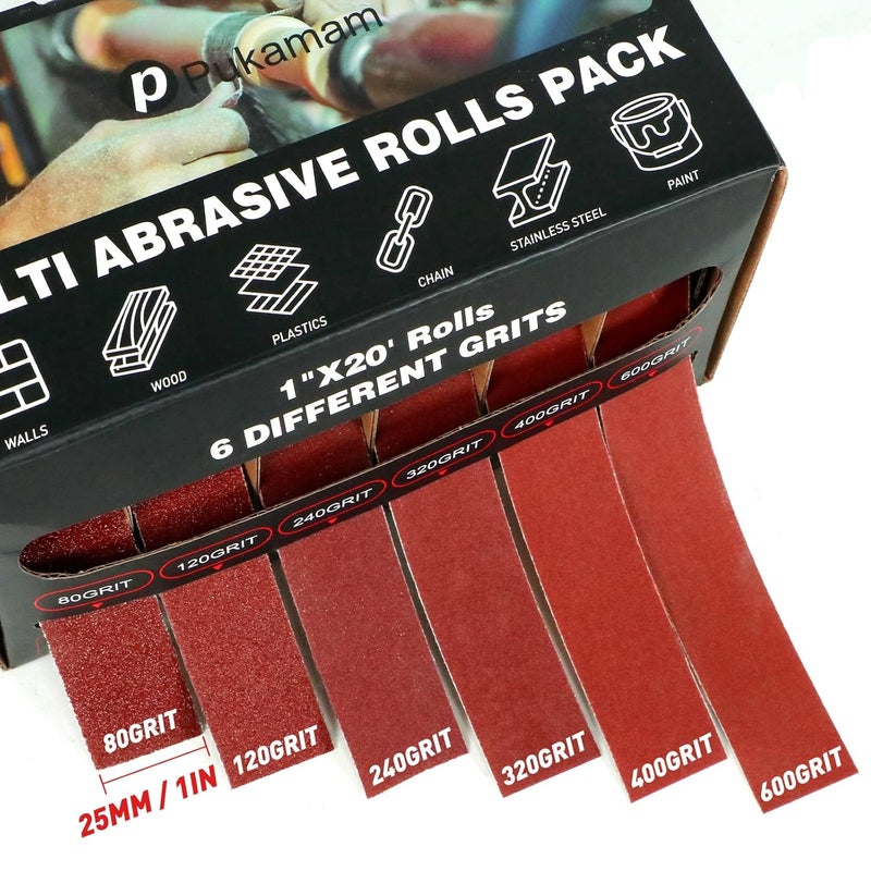 Pukamam Emery Cloth Roll, 6 Grits 1'' x 19.7' Sandpaper Roll 80 120 240 320 400 600 Emery Cloth for Metal, Wood, Automotive Furniture, Wet/Dry Sanding Paper with Dispenser, 6 Meters Per Roll - Image 2